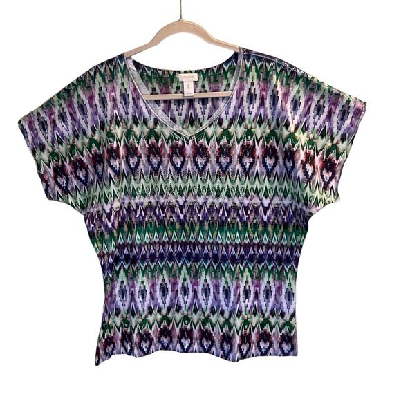 Chico's Women's  Multicolor Geometric V- Neck Short Sleeve Blouse Tops Size 2 - Picture 1 of 13